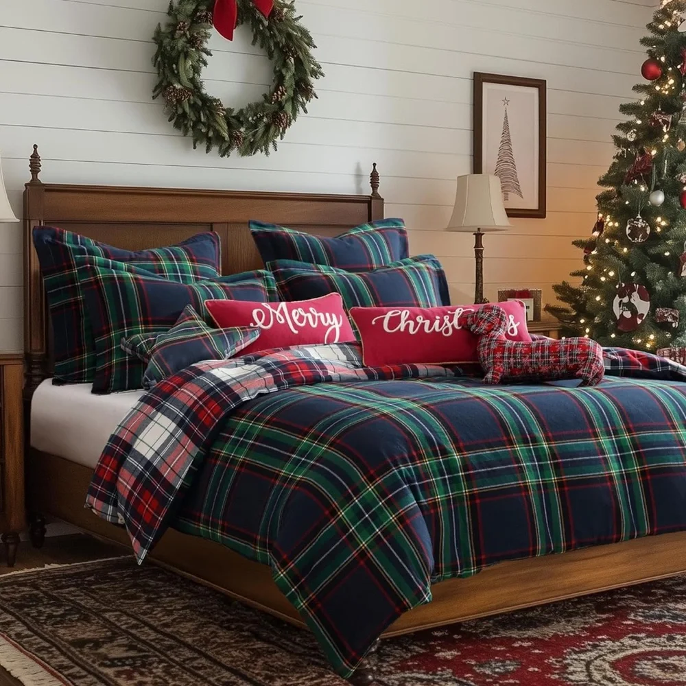 🆕 PB Style Navy Plaid Queen Duvet Set Stewart Christmas Cotton 3 Piece NEW